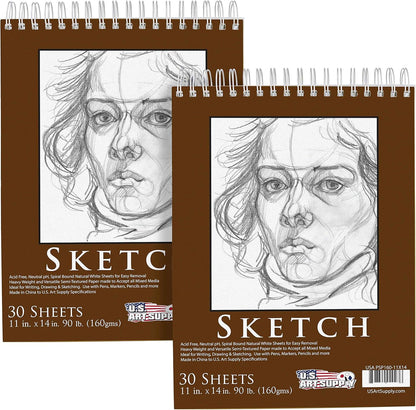 U.S. Art Supply 11”x14 Premium Heavy-Weight Paper Spiral Bound Sketch Book: 90 Pound (160gsm), 30-Sheet Drawing Pad (2 Pack) - Crafty Corner