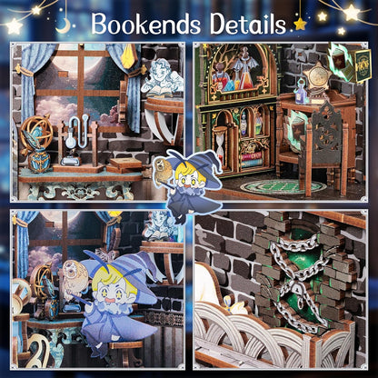 Cutefun 2Pcs Book Nook Kit, DIY 3D Wooden Puzzles for Adults and Teens, Bookends Decorative for Shelves Book Nook Kits for Adults, Bookshelf Decor Gifts for Friend (University of Miracle)
