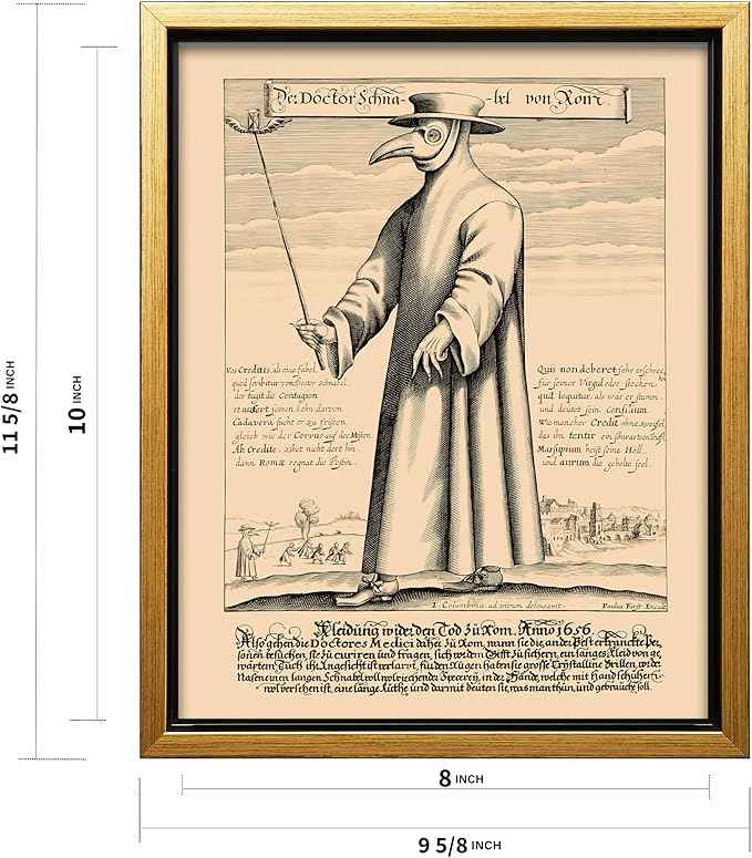 Poster Master Doctor Schnabel from Rome Canvas - Retro Plague Doctor Print - Medieval Art - Gift for Men & Women - Great Wall Decor for Dorm, Living Room or Bedroom - 8x10 Gold Framed Canvas