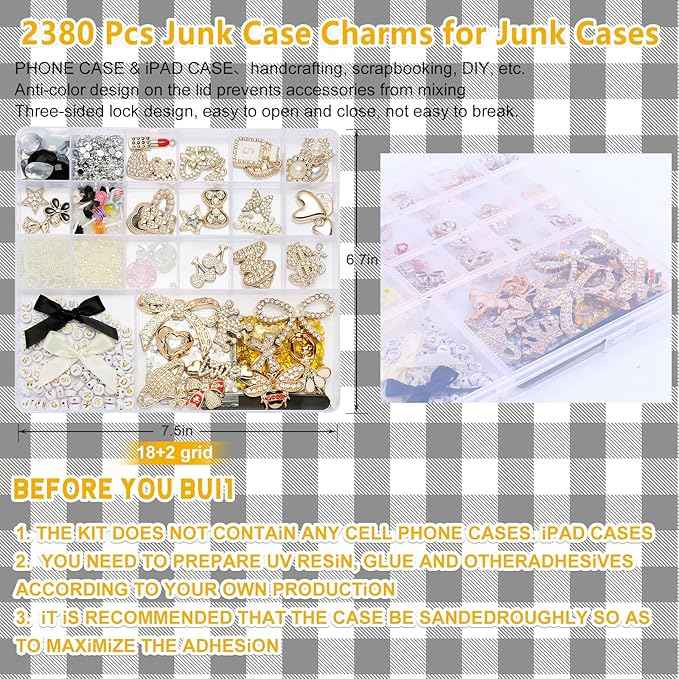 EIiovcnya 2380 Pcs Junk Case Charms Kit - DIY Phone Charms & Nail Art Accessories Includes 3D Flatback Big Decorations, Cute Bows & Letter Beads for Customizing Cases, Crafts, Valentine's Day Gifts