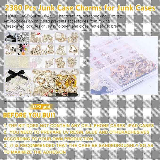 EIiovcnya 2380 Pcs Junk Case Charms Kit - DIY Phone Charms & Nail Art Accessories Includes 3D Flatback Big Decorations, Cute Bows & Letter Beads for Customizing Cases, Crafts, Valentine's Day Gifts