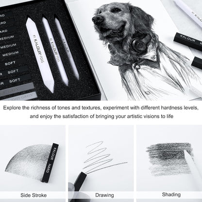 KALOUR 15 Pro Compressed Charcoal Drawing Set with Blending Stumps- Soft,Medium,Hard and White Charcoal - Charcoal Sticks for Drawing Sketching Shading - Art Supplies for Artists Beginners Adults