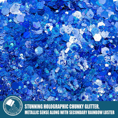 Holographic Chunky Glitter, 5.64oz/160g Craft Glitter Powder Mixed Chunky Flakes, Iridescent Nail Sequins for Nail Art, Hair, Epoxy Resin, Tumblers, Slime, Painting, Festival Decor (Galaxy Blue)