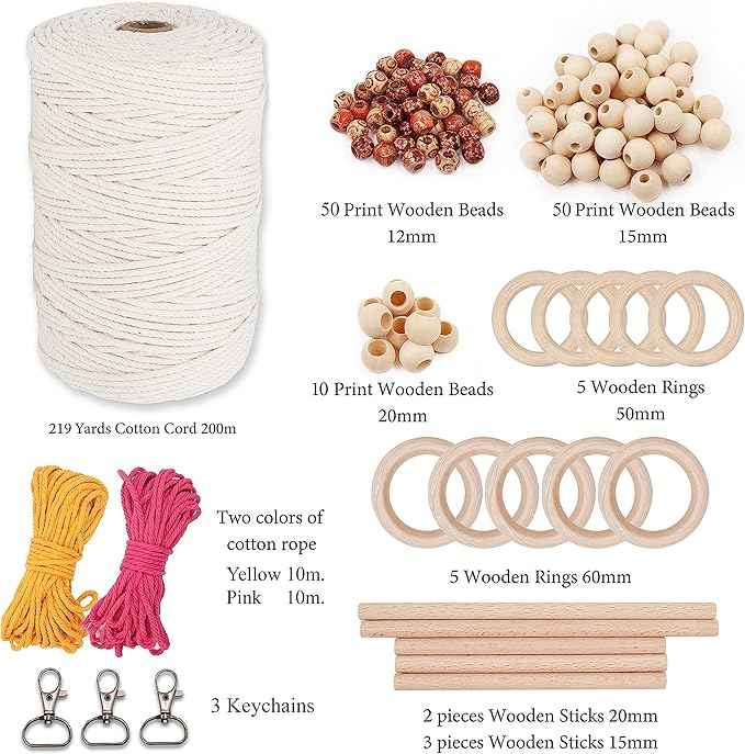 SAOMER 130 Pcs Macrame Kit for Beginners-219 Yards(657 Feet-3mm) 7 Easy Macrame DIY Projects Book-Starter Kit Has Dowel,Beads,Rings,Keychains,Bag(Gift) - Perfect Macrame Starter Kits