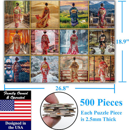 Think2Master Beautiful Kimonos from Japan 500 Pieces Large Format Jigsaw Puzzle for Kids 12+, Teens, Adults & Families. Elegant Colorful Dresses Vibrant Colors, Cultural Art Size: 26.8” X 18.9”