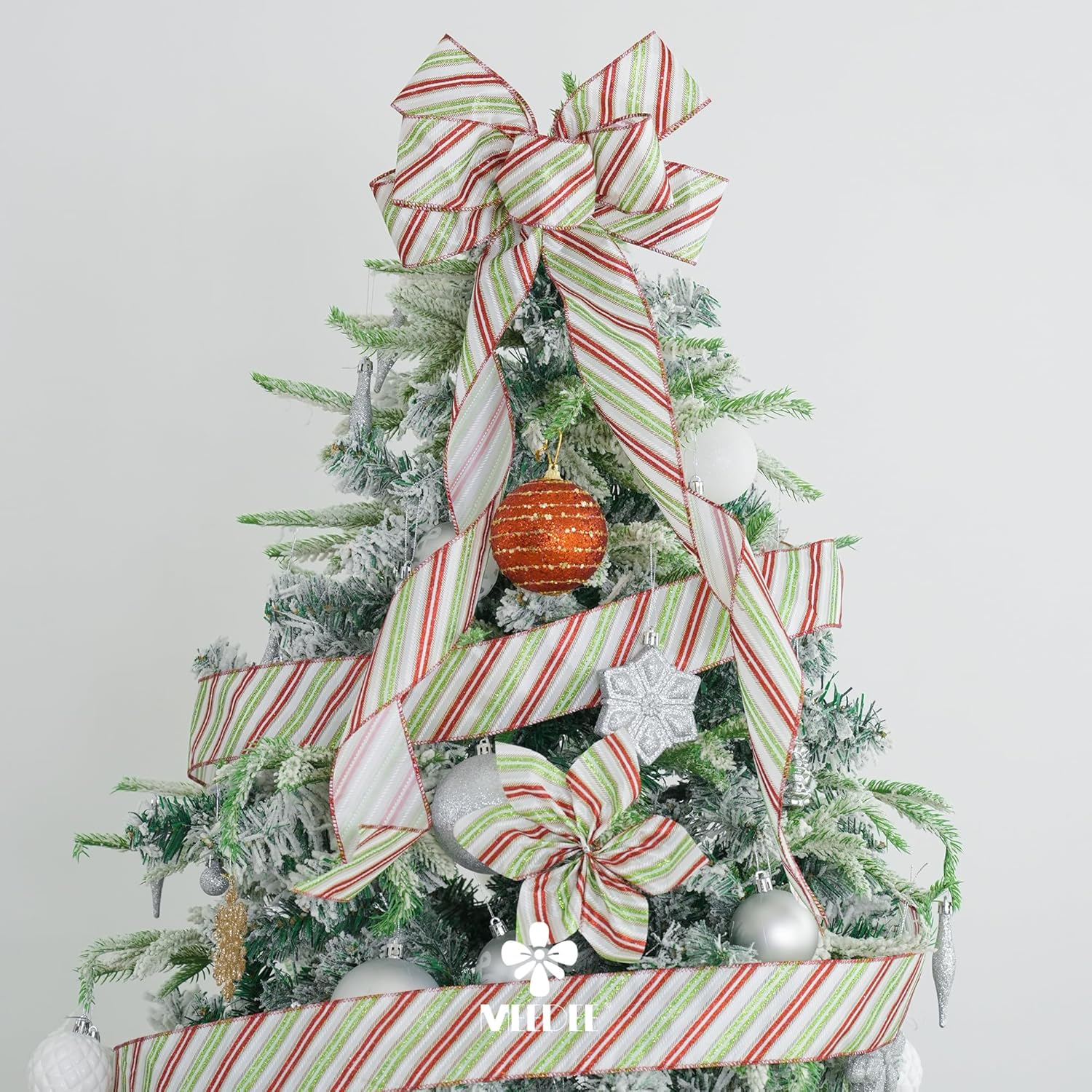 MEEDEE Red and Green Diagonal Striped Ribbon 2.5 Inch White Satin with Lime Green and Red Glitter Wired Ribbon for Christmas Tree, Garlands, Wreaths, Topper Bow (10 Yards) - Crafty Corner