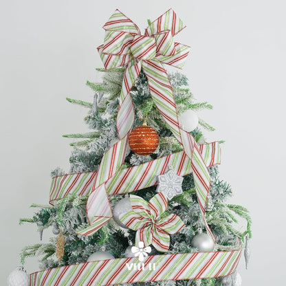 MEEDEE Red and Green Diagonal Striped Ribbon 2.5 Inch White Satin with Lime Green and Red Glitter Wired Ribbon for Christmas Tree, Garlands, Wreaths, Topper Bow (10 Yards) - Crafty Corner