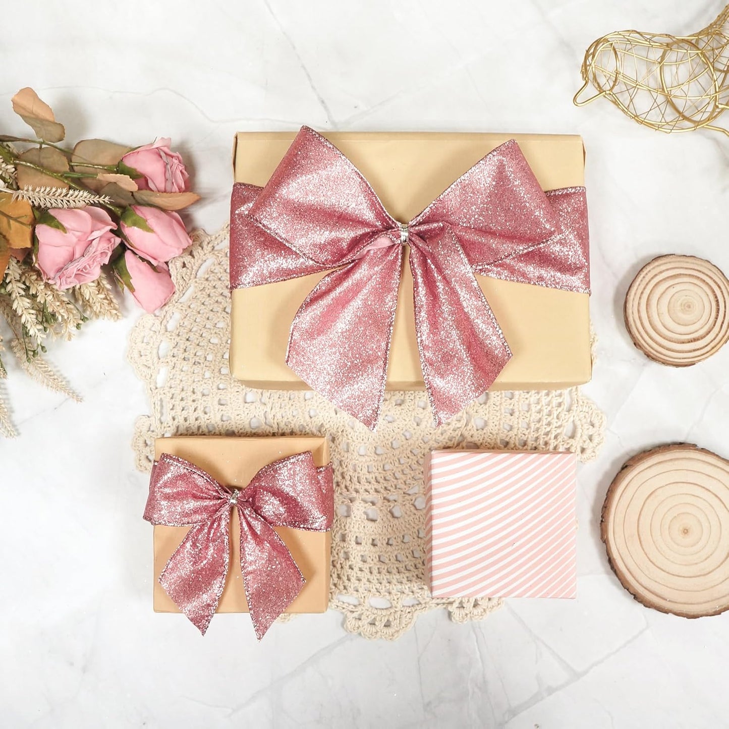 CT CRAFT LLC Glitter Wired Ribbon 1.5" x 10 Yards Rose Gold for Christmas Home Decor Bow Gift Wrapping DIY Crafts Wreath - Crafty Corner
