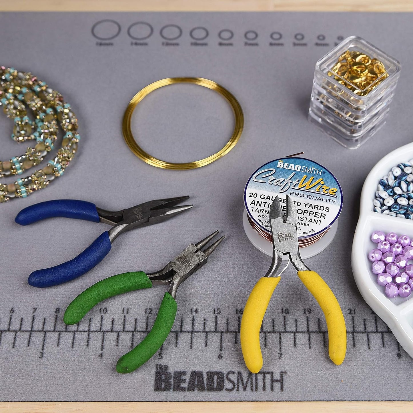 The Beadsmith Mini Color-ID Set – 3”, 8-Pieces Includes: Chain Nose, Round Nose, Side Cutter, Flat Nose, Nylon Jaw Flat Nose, Tweezers, Thread Snippers, Bead Scoop & Canvas Case – For Jewelry Making - Crafty Corner