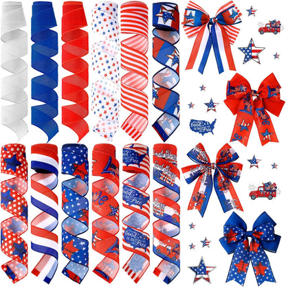 12 Rolls 60 Yards 4th of July Patriotic Ribbon Stars and Stripes Burlap Wired Edge Ribbon White Blue Red Decorative Crafts for Independence Day Memorial Day Gift Wrapping DIY Bow Craft - Crafty Corner