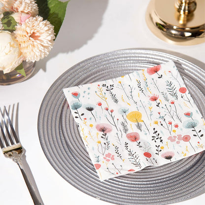 20 pcs Premium Designer Paper Napkins, 3-Ply 6.5x6.5-inches Disposable Decorative Fall Paper Guest Floral White Napkin for Wedding Birthday Anniversary Lunch Dinner Party Baby Shower