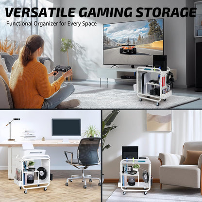 PLKOW Video Game Organizer, Rolling Video Game Storage Rack for Xbox/Switch/PS4/PS5 Accessories, Game Consoles Stand Controllers Holder, Perfect Holiday Present (White)