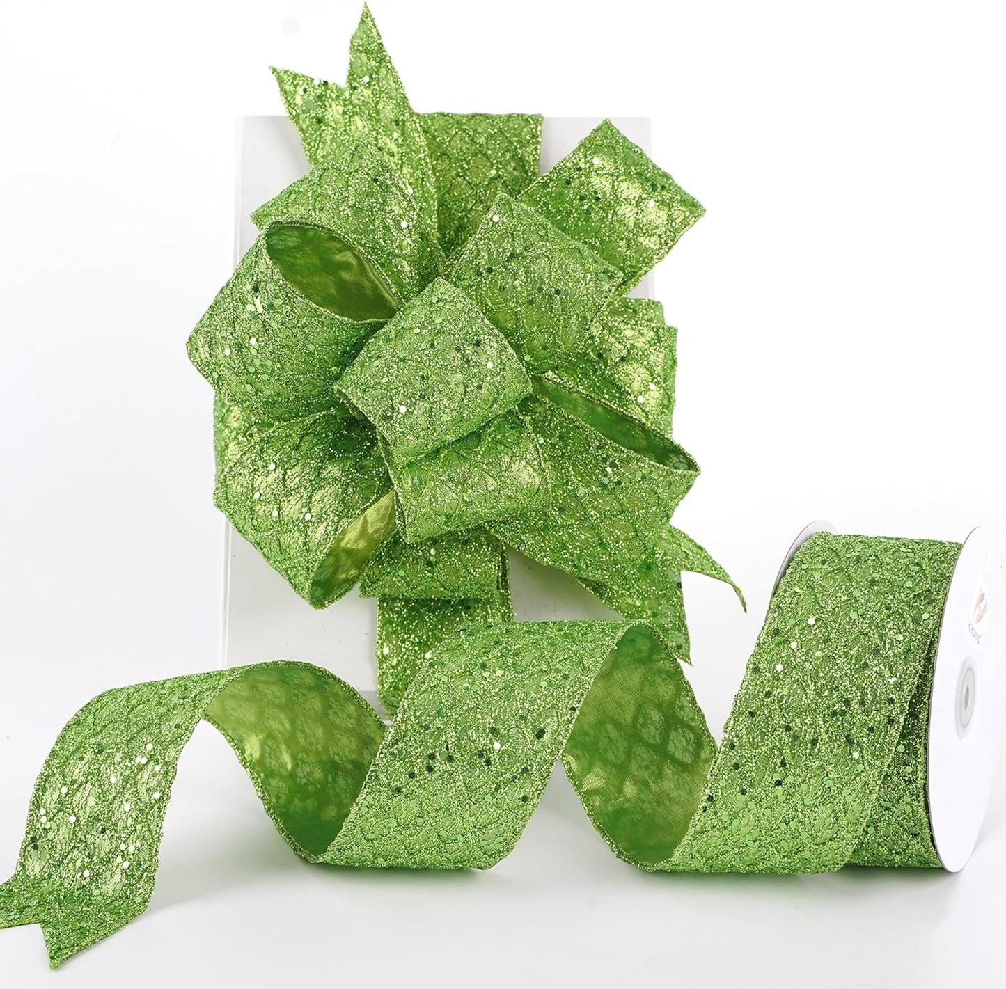 HUIHUANG Lime Green Wired Ribbon for Christmas Tree 2.5 inch Lime Green Glitter Diamond Mesh Ribbon for Tree Decoration, Wreaths, Garland, Gift Wrapping, Bows Making, Halloween Decor -10 Yards - Crafty Corner