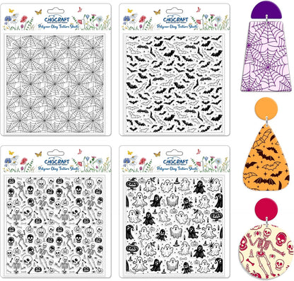 CHGCRAFT 4 Pcs Halloween Elements Polymer Clay Texture Sheets Ghosts Silicone Texture Stamp Skeletons Clay Texture Mat Modeling Pattern Pad Sheets for Jewelry and Earrings Tools, 5.5x5.5 inch