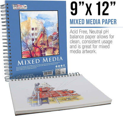U.S. Art Supply 9"x12" Mixed Media Sketchbook, 2 Pack (60 Sheets), 98 lb (160 GSM) - Spiral-Bound Pad with Perforated Acid-Free Paper - Artist Sketch Book for Drawing, Painting, Watercolor - Crafty Corner