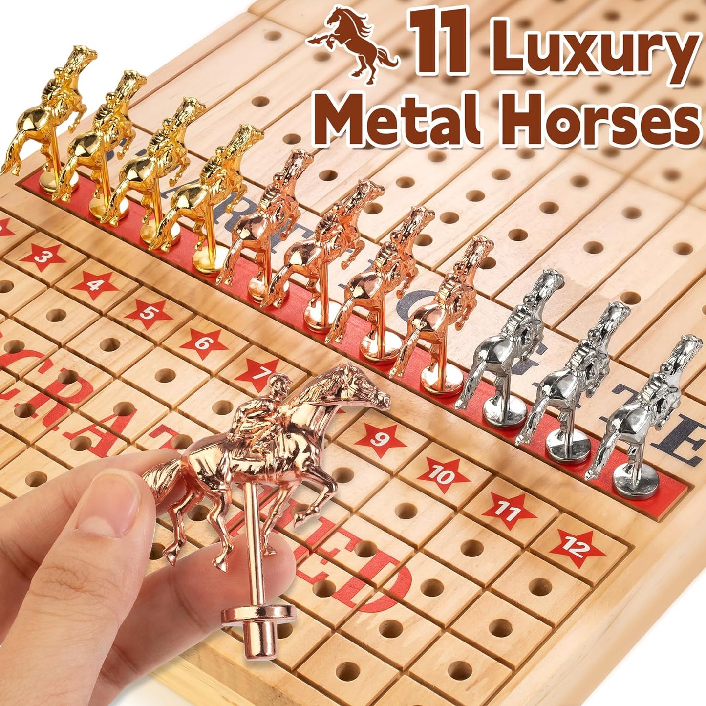 Bravmate Large 21 Inches Horse Race Board Game, Solid Wood Foldable Horse Racing Game with 11 Luxury Metal Horses, 2 Wooden Dice, 2 Boxes of Cards, 80 Chips for Parties