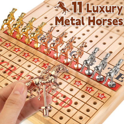 Bravmate Large 21 Inches Horse Race Board Game, Solid Wood Foldable Horse Racing Game with 11 Luxury Metal Horses, 2 Wooden Dice, 2 Boxes of Cards, 80 Chips for Parties