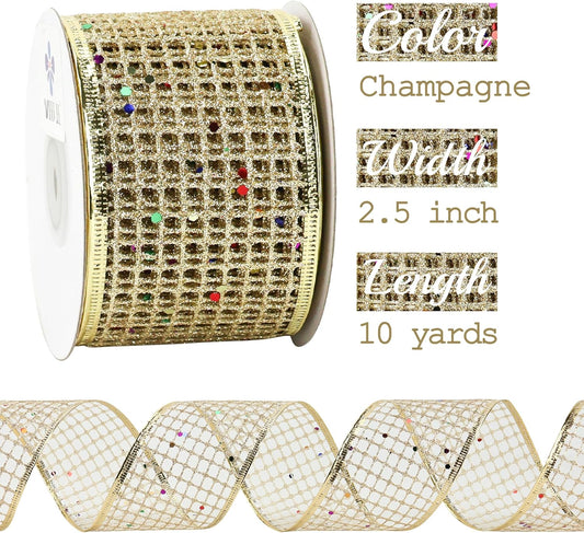 MEEDEE Champagne Gold Glitter Ribbon - 2.5 Inch Square Mesh Net Wired Ribbon with Rainbow Sparkle for Christmas Tree Decoration, Wreath Bow Making (25 Yards) - Crafty Corner