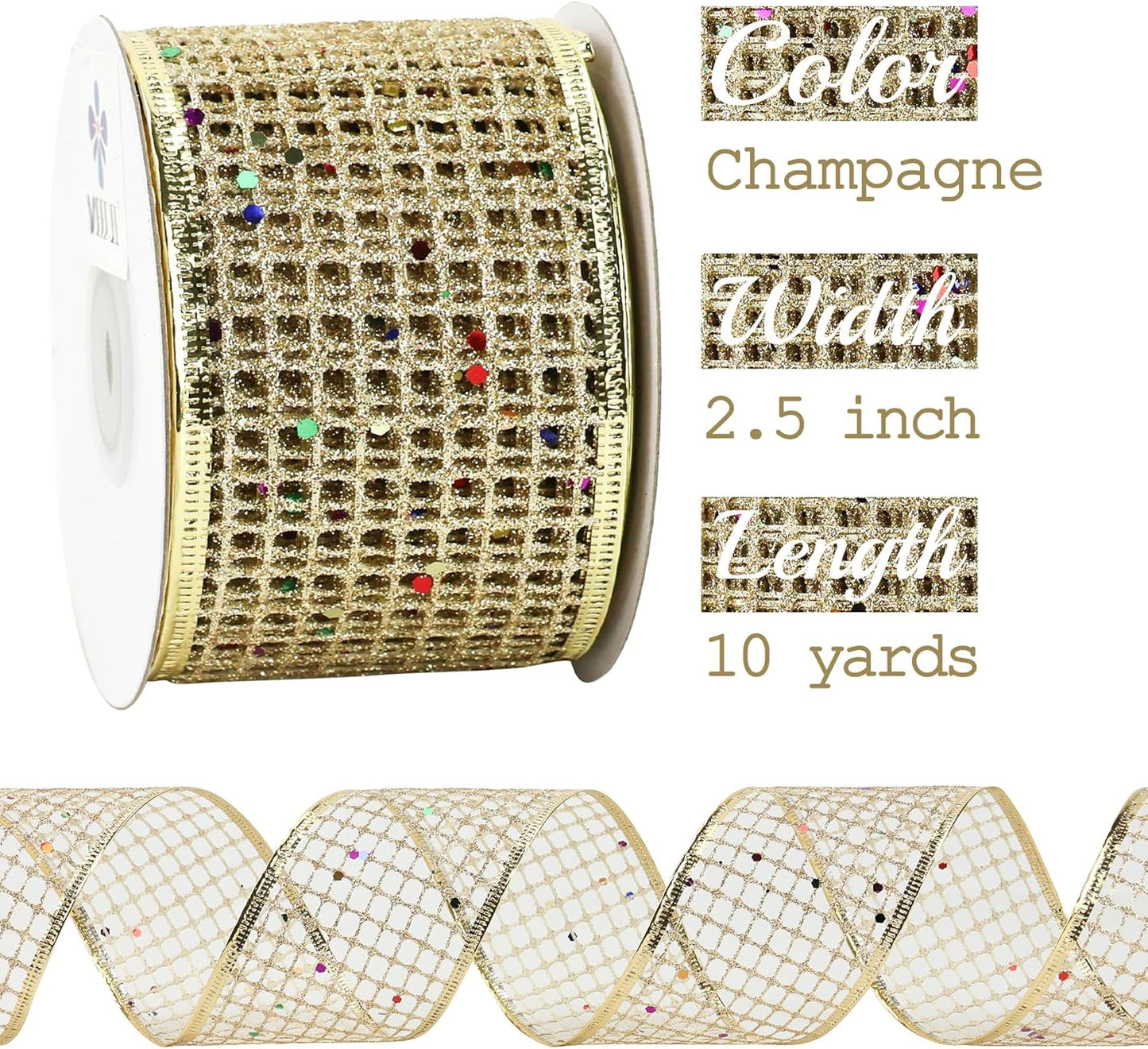 MEEDEE Champagne Gold Glitter Ribbon - 2.5 Inch Square Mesh Net Wired Ribbon with Rainbow Sparkle for Christmas Tree Decoration, Wreath Bow Making (25 Yards) - Crafty Corner