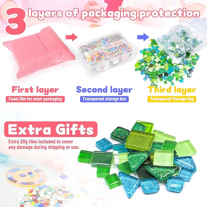 Glass Mosaic Tiles Crafts: Pre-Cut Waterproof 300 Pieces Green for DIY Outdoor Home & Garden Art Projects - Decor Patio Stepping Stones Kits - Mother Gifts & Family Bonding Activities