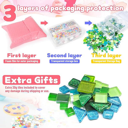 Glass Mosaic Tiles Crafts: Pre-Cut Waterproof 300 Pieces Green for DIY Outdoor Home & Garden Art Projects - Decor Patio Stepping Stones Kits - Mother Gifts & Family Bonding Activities