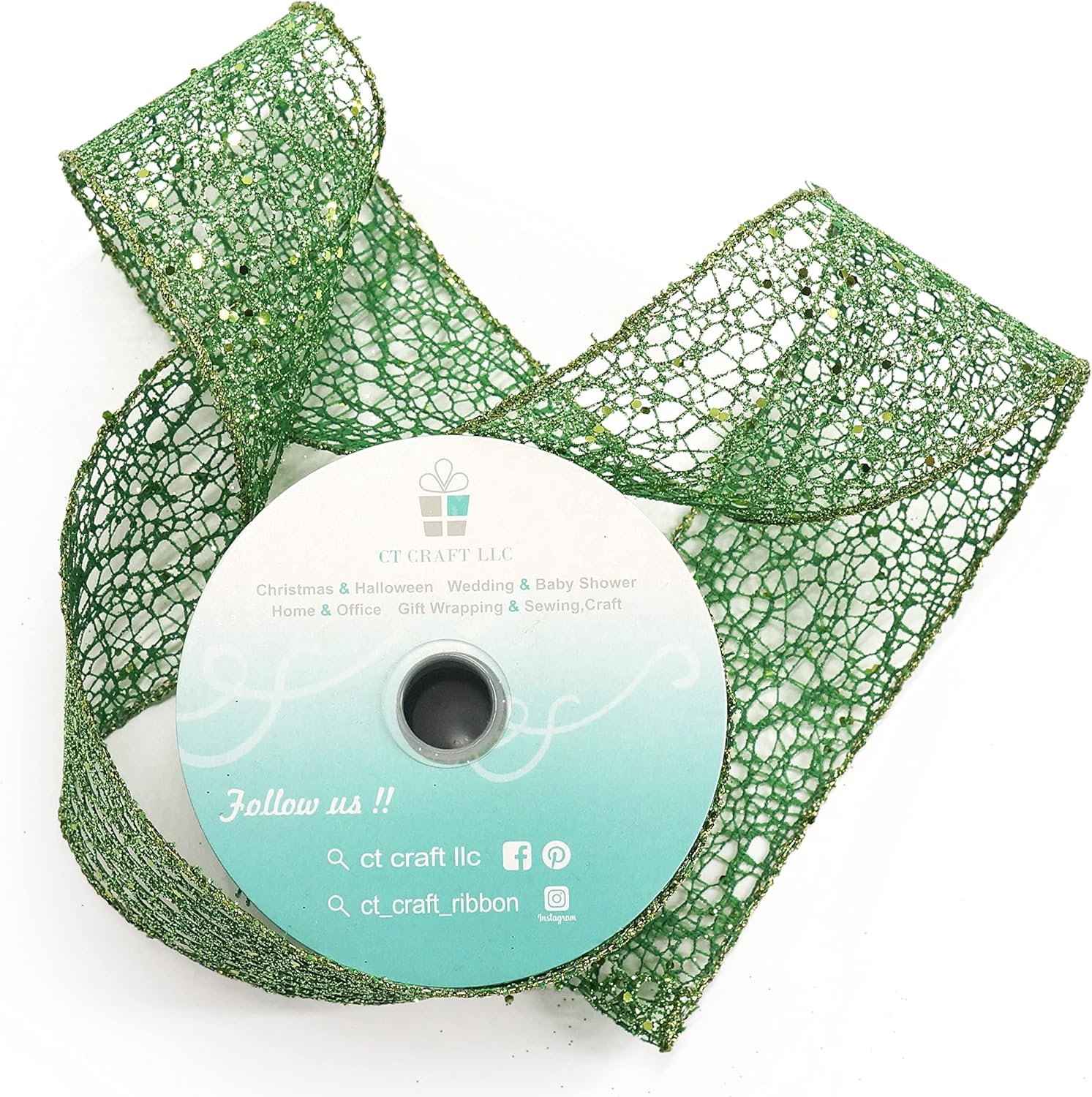 CT CRAFT LLC Sparkling Glitter Mesh Wired Ribbon 2.5" x 10 Yards Green for Christmas Home Decor Bow Gift Wrapping DIY Crafts Wreath - Crafty Corner