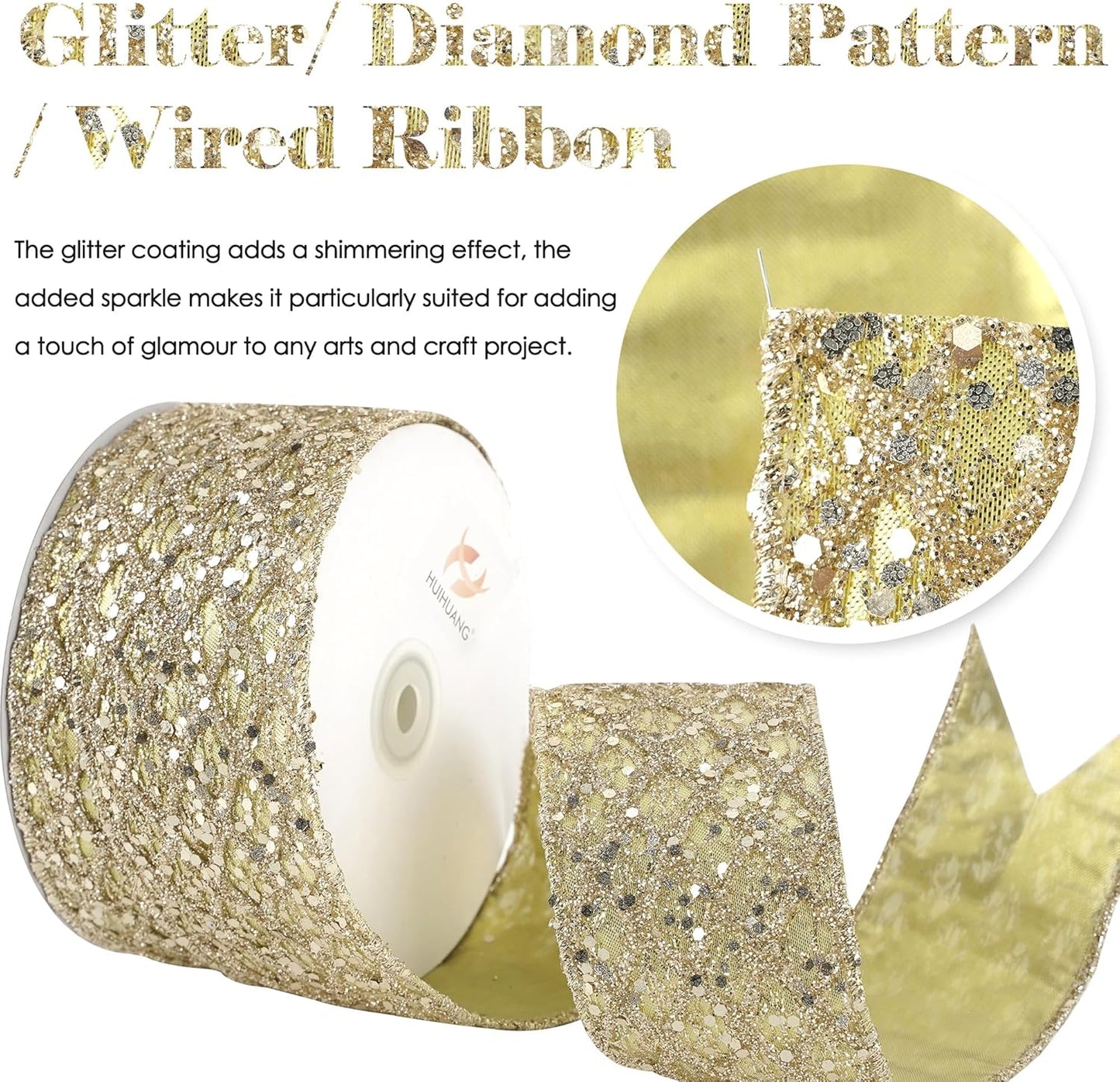 HUIHUANG Champagne Glitter Wired Ribbon for Christmas Tree 2.5 inch Champagne Gold Diamond Mesh Ribbon for Tree Decoration, Wreaths, Garland, Gift Wrapping, Bows Making, Home Decor -10 Yards - Crafty Corner
