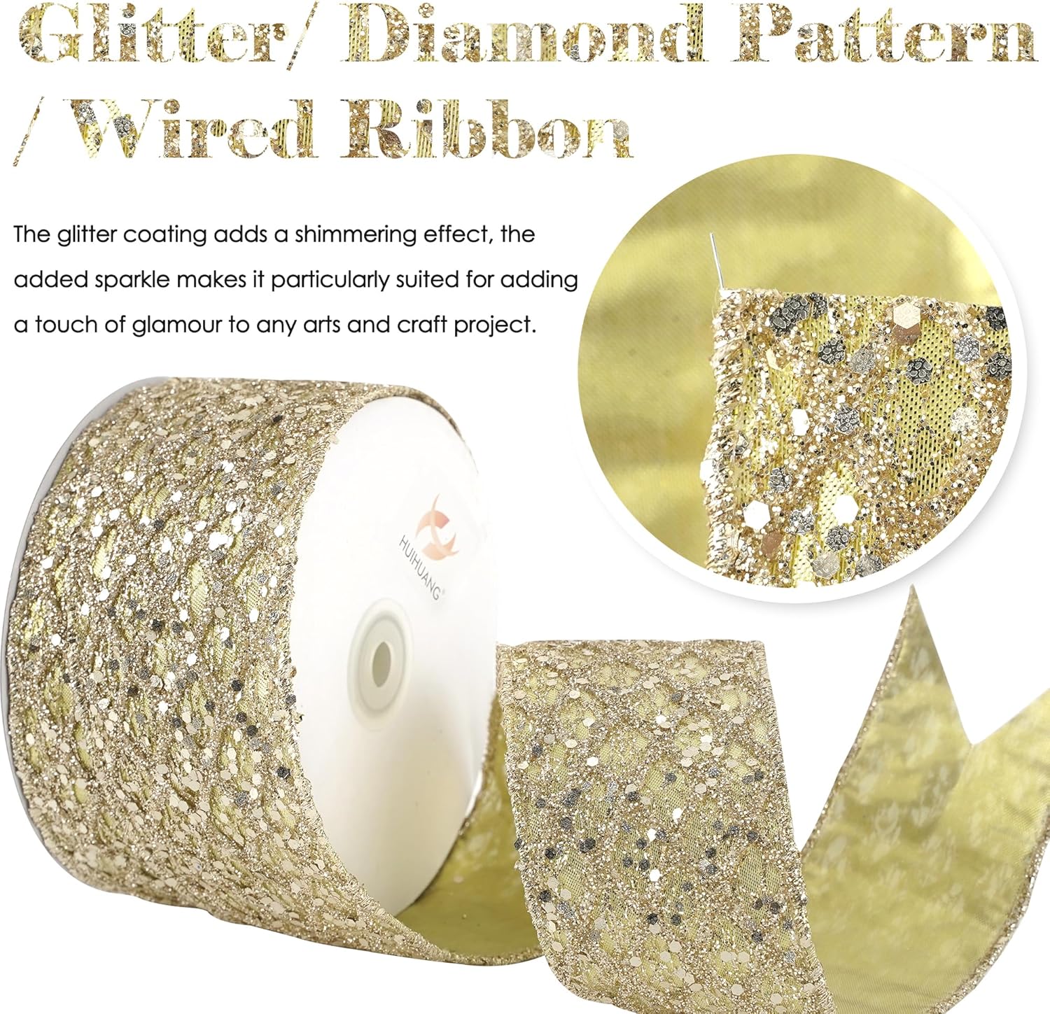 HUIHUANG Champagne Glitter Wired Ribbon for Christmas Tree 2.5 inch Champagne Gold Diamond Mesh Ribbon for Tree Decoration, Wreaths, Garland, Gift Wrapping, Bows Making, Home Decor -10 Yards - Crafty Corner
