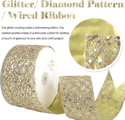 HUIHUANG Champagne Glitter Wired Ribbon for Christmas Tree 2.5 inch Champagne Gold Diamond Mesh Ribbon for Tree Decoration, Wreaths, Garland, Gift Wrapping, Bows Making, Home Decor -10 Yards - Crafty Corner