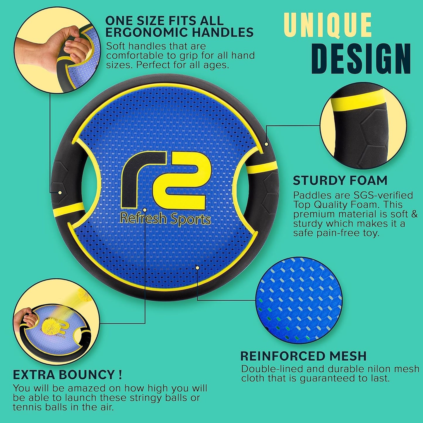 Fun Bouncy Paddle & Stringy Ball Toss & Catch Game - Easy to Use for Kids All Ages - Soft Foam Design for Safe Play Indoors or Outdoors - Also Works as Flying Disc - Great Gift Idea for Boys & Girls