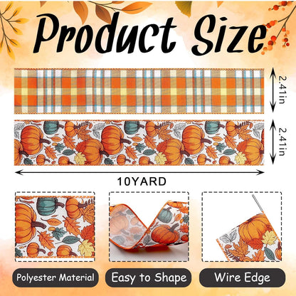 2 Rolls 2.5 Inch x 20 Yards Thanksgiving Fall Wired Ribbon for Crafts Wreath Bows Pumpkin Autumn Leaves Ribbons Orange Plaid Ribbon for Gift Wrapping Thanksgiving Party Home Decoration - Crafty Corner