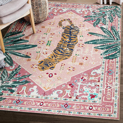 Washable Pink Rugs Boho Vintage Tropical Jungle 9x12 Area Rugs Tribal Oriental Carpet for Bedroom Kitchen Dining Living Room Office Distressed Indoor Cute Nursery Rug