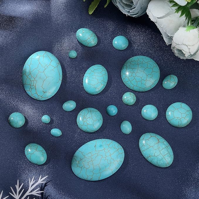 PH PandaHall 84pcs Synthetic Turquoise Stone Cabochons, 7 Sizes Blue Texture Gemstone Tiles Oval Flat Round Dome Bead Stone Cabochon Tile for Bracelet Necklace Earrings Cameo Jewelry Making, 6~40mm