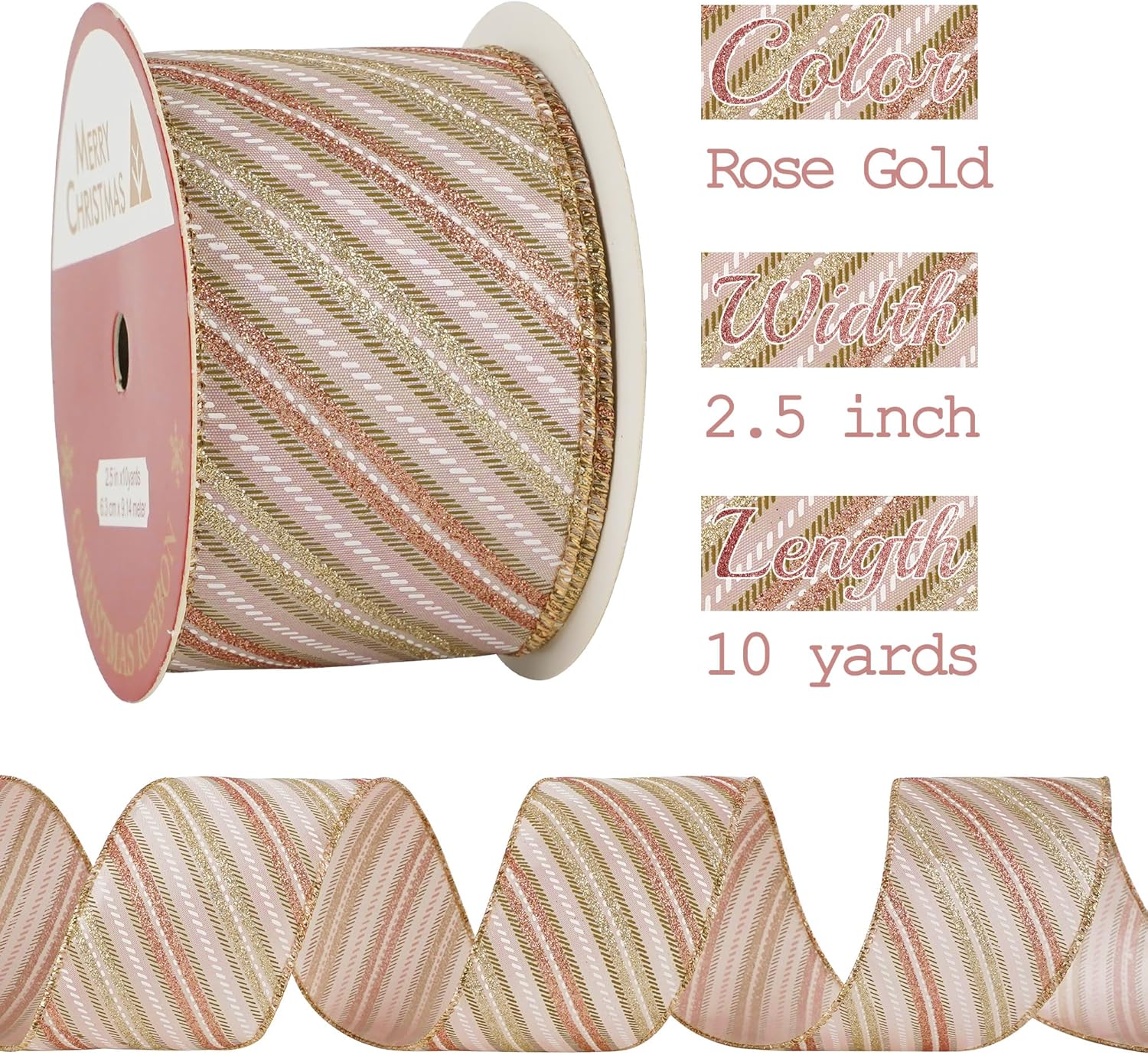 MEEDEE Pink Diagonal Striped Ribbon 2.5 Inch Blue Satin with Rose Gold and Champagne Glitter Wired Ribbon for Christmas Tree, Garlands, Wreaths, Topper Bow (10 Yards) - Crafty Corner
