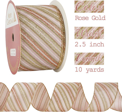 MEEDEE Pink Diagonal Striped Ribbon 2.5 Inch Blue Satin with Rose Gold and Champagne Glitter Wired Ribbon for Christmas Tree, Garlands, Wreaths, Topper Bow (10 Yards) - Crafty Corner