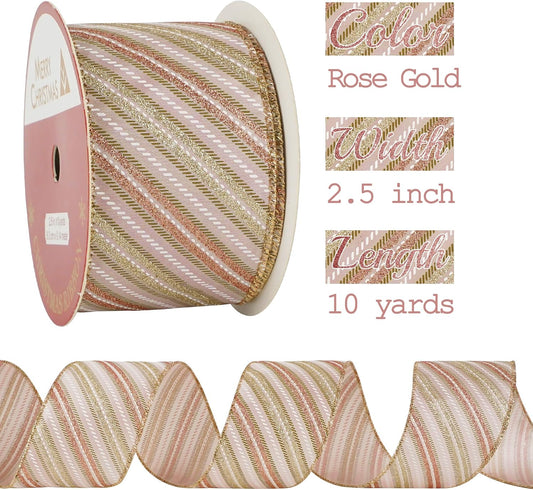 MEEDEE Pink Diagonal Striped Ribbon 2.5 Inch Blue Satin with Rose Gold and Champagne Glitter Wired Ribbon for Christmas Tree, Garlands, Wreaths, Topper Bow (10 Yards) - Crafty Corner