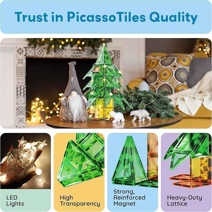 PicassoTiles 106pc Magnetic Tiles LED Light-Up Tree Toy Holiday STEM Toys for Kids Educational Magnet Building Blocks Gift for Toddlers Boys Girls Christmas Montessori Puzzle Play Set Ages 3+ PT106