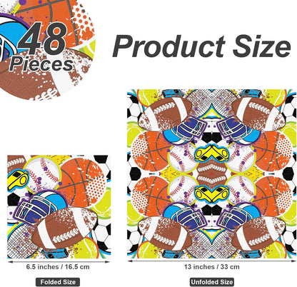 Aodaer 48 Pieces Sports Napkins 13 x 13 Inches Sports Ball Paper Napkins Disposable Sports Pattern Cocktail Napkins for Baseball Basketball Football Soccer Party Supplies, Birthday Party Decorations