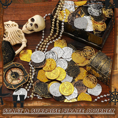 Hanaive 100 Pcs Pirate Coins Plastic Coins Kids Fake Play Coins Replica Spanish Doubloons St. Patrick's Coin for Pirate Party Treasure Chest Board Games Tokens Toys Cosplay (Gold, Silver, Bronze)