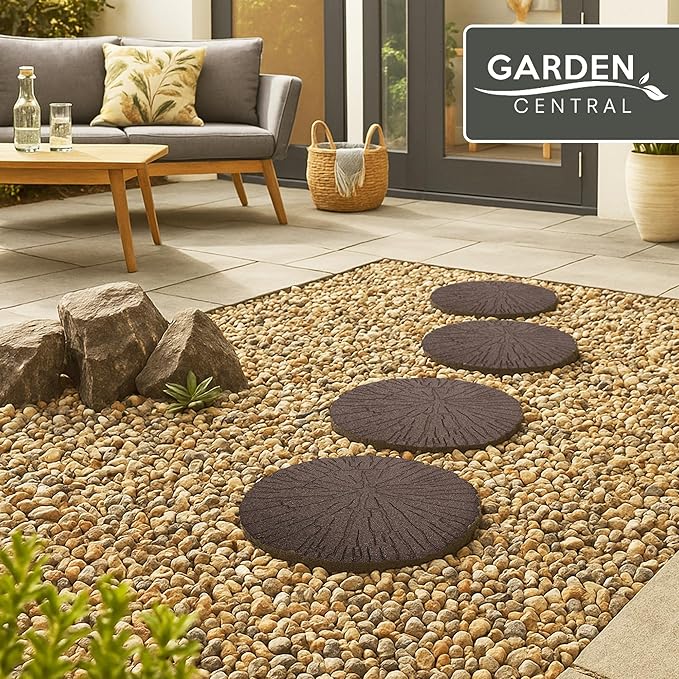 TierraVerde 4-Pack 18”x18” Fake Cracked Log Rubber Stepping Stones, Round, Brown – Reversible Non-Slip Outdoor Faux Decorative Set for Landscaping – DIY Decor for Walkways & Yard Pathways