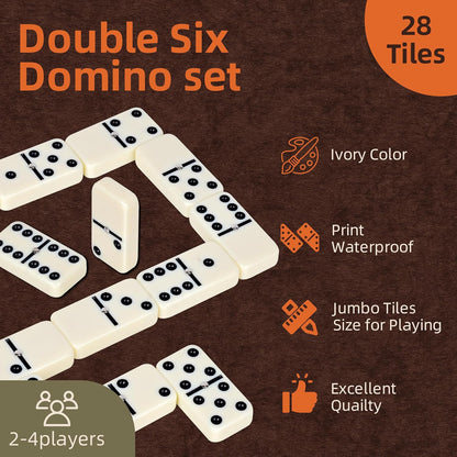 Smilejoy Dominos Set for Adults -Jumbo Size Dominoes Double Six Edition- Classic Board Games- Thick Size Double 6 Domino Set with Deluxe Brown Wood Box, 28 Tiles (2-4 Players)