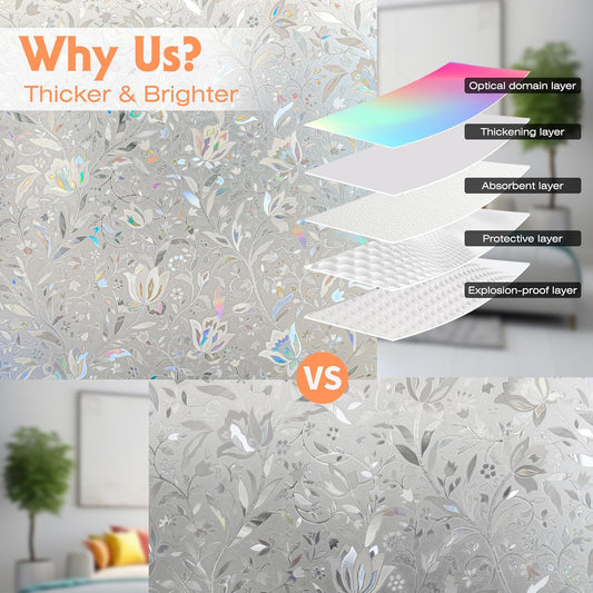 Rainbow Tulip Stained Frosted Glass Window Sticker - Static Non-Adhesive, No-Glue Window Cling (23.6'' x 78.7'')