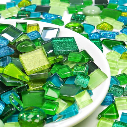 Glass Mosaic Tiles Crafts: Pre-Cut Waterproof 300 Pieces Green for DIY Outdoor Home & Garden Art Projects - Decor Patio Stepping Stones Kits - Mother Gifts & Family Bonding Activities