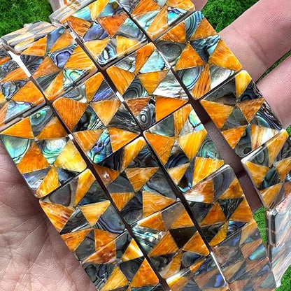 AlohaGemsUSA Spiny Oyster & Abalone Shell Beads - Native American Style (Triangular Mosaic Inlay Artistry with Meticulous Workmanship) Rectangle 15X20mm (Full Strand 16 Inches - 20 Beads)