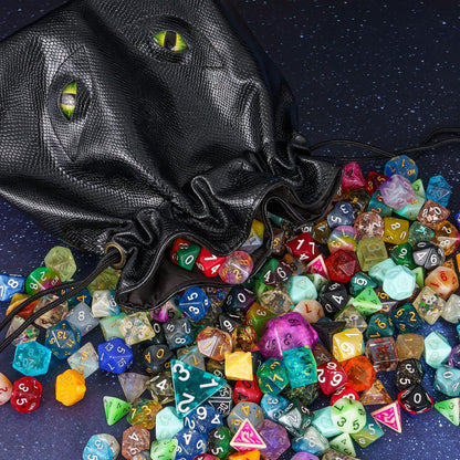 Large DND Dice Bag Leather Dice Storage Bag Black D&D Drawstring Pouch with Pockets for RPG Table Games - Can Hold 200+ Polyhedral Dice