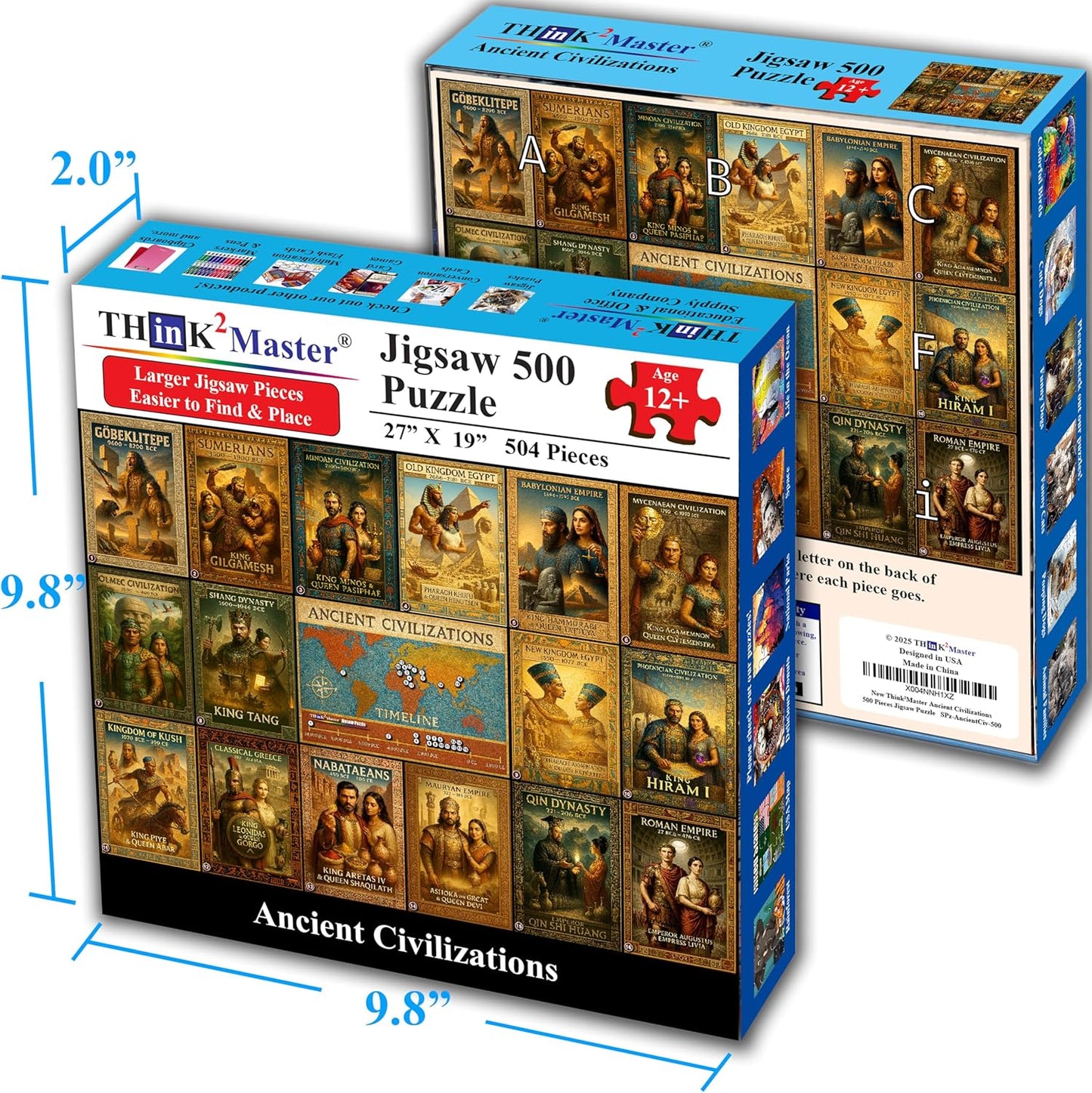 Think2Master Ancient Civilizations World History Jigsaw Puzzle 500 Pieces Large Format for Kids 12+, Teens, Adults & Families. Great Gift. Historical Timeline & World Map. Size: 26.8” X 18.9”
