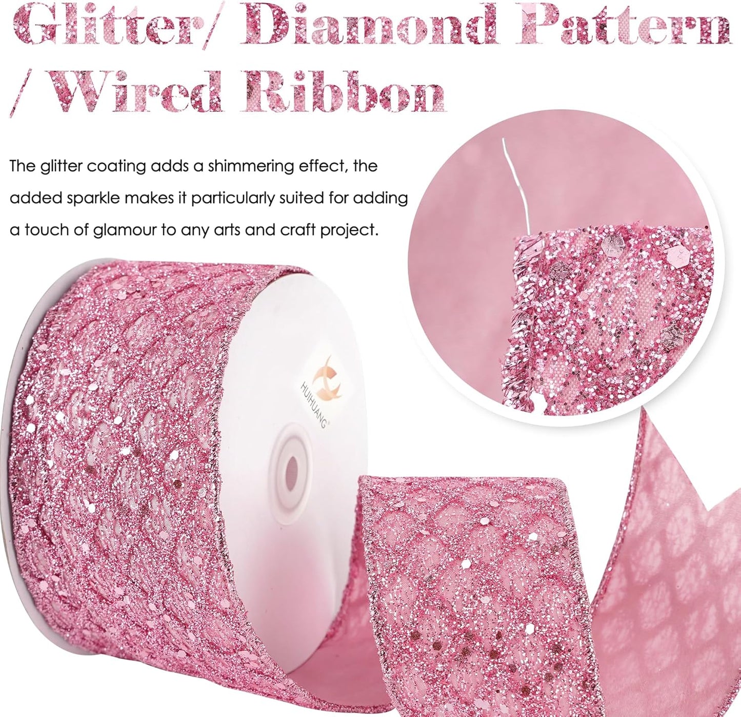 HUIHUANG Pink Glitter Wired Ribbon for Christmas Tree 2.5 inch Light Pink Diamond Mesh Wire Ribbon for Tree Decoration, Wreaths, Garland, Gift Wrapping, Bows Making, Home Decor -10 Yards - Crafty Corner