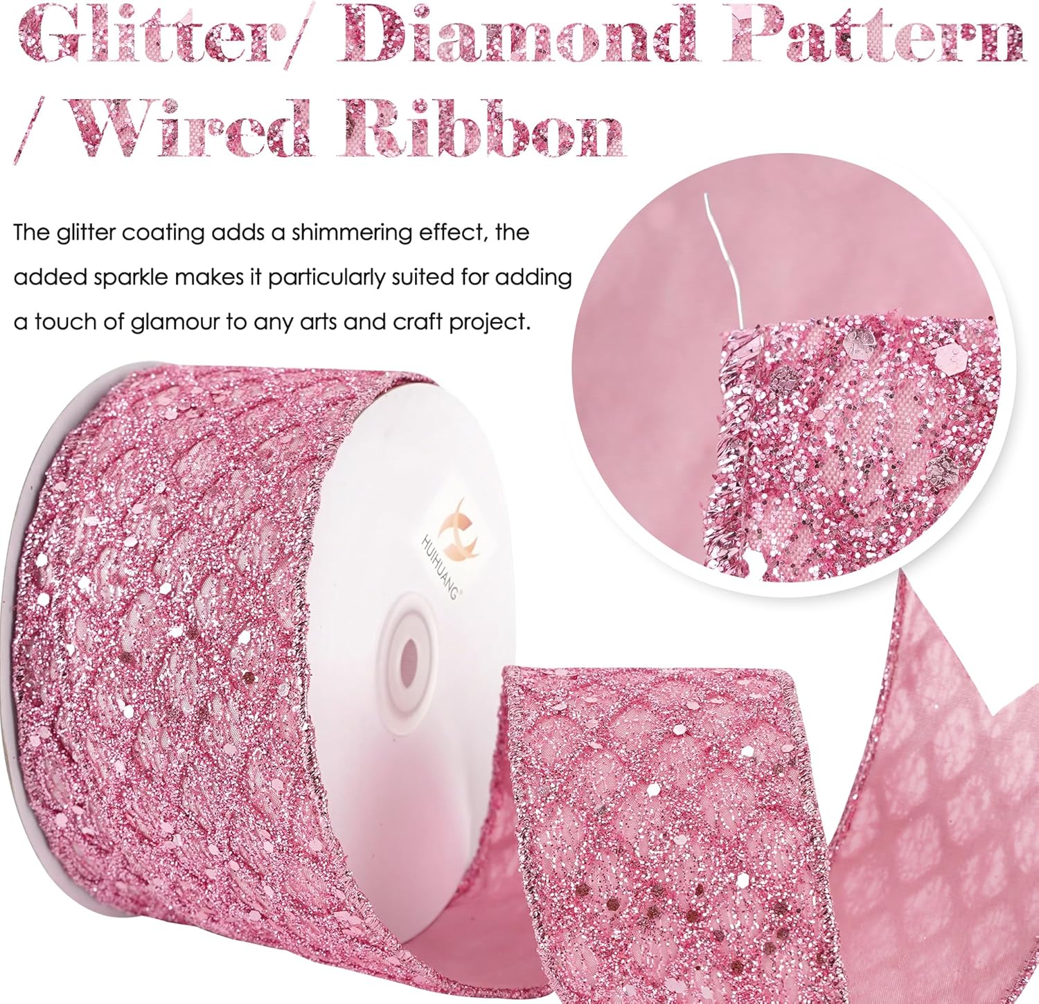 HUIHUANG Pink Glitter Wired Ribbon for Christmas Tree 2.5 inch Light Pink Diamond Mesh Wire Ribbon for Tree Decoration, Wreaths, Garland, Gift Wrapping, Bows Making, Home Decor -10 Yards - Crafty Corner