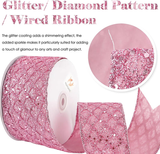 HUIHUANG Pink Glitter Wired Ribbon for Christmas Tree 2.5 inch Light Pink Diamond Mesh Wire Ribbon for Tree Decoration, Wreaths, Garland, Gift Wrapping, Bows Making, Home Decor -10 Yards - Crafty Corner