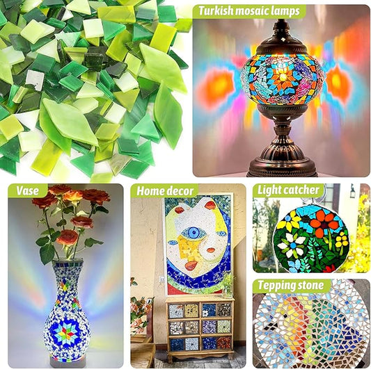 Glass Mosaic Tiles Pieces for Crafts: LATIIZ 320Pcs Green Color Mixed 5 Shapes Stained Bulk Art Supplies for Making Decor Project DIY Lamp Vase Coaster Stepping Stone for Adults Beginners Mosaicist